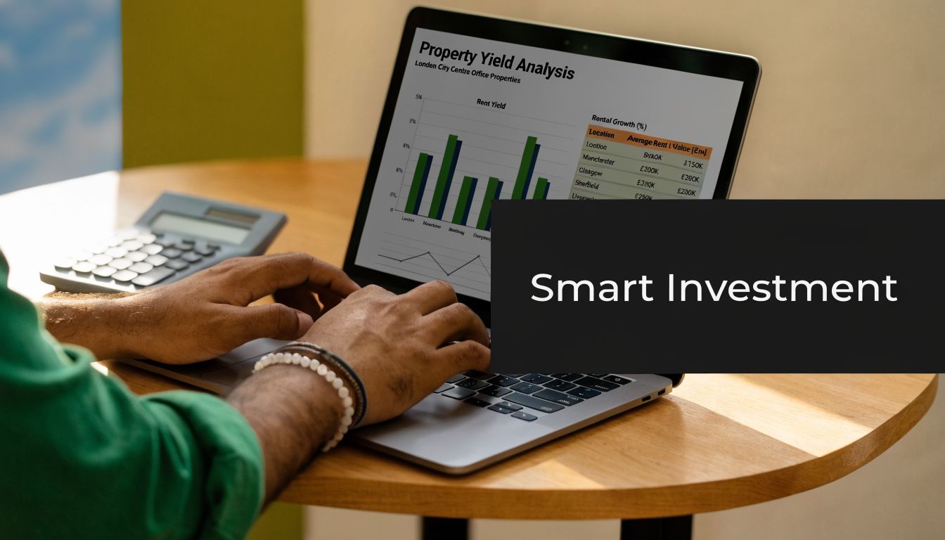 A person analyzing property investment data on a laptop screen with a calculator on the desk.