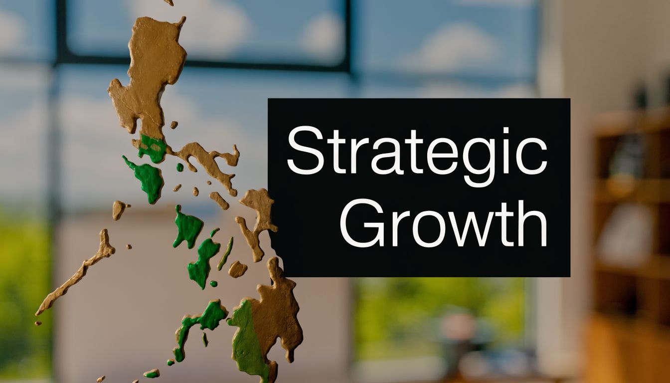 A 3D representation of the Philippine map with highlighted regions alongside the text Strategic Growth.