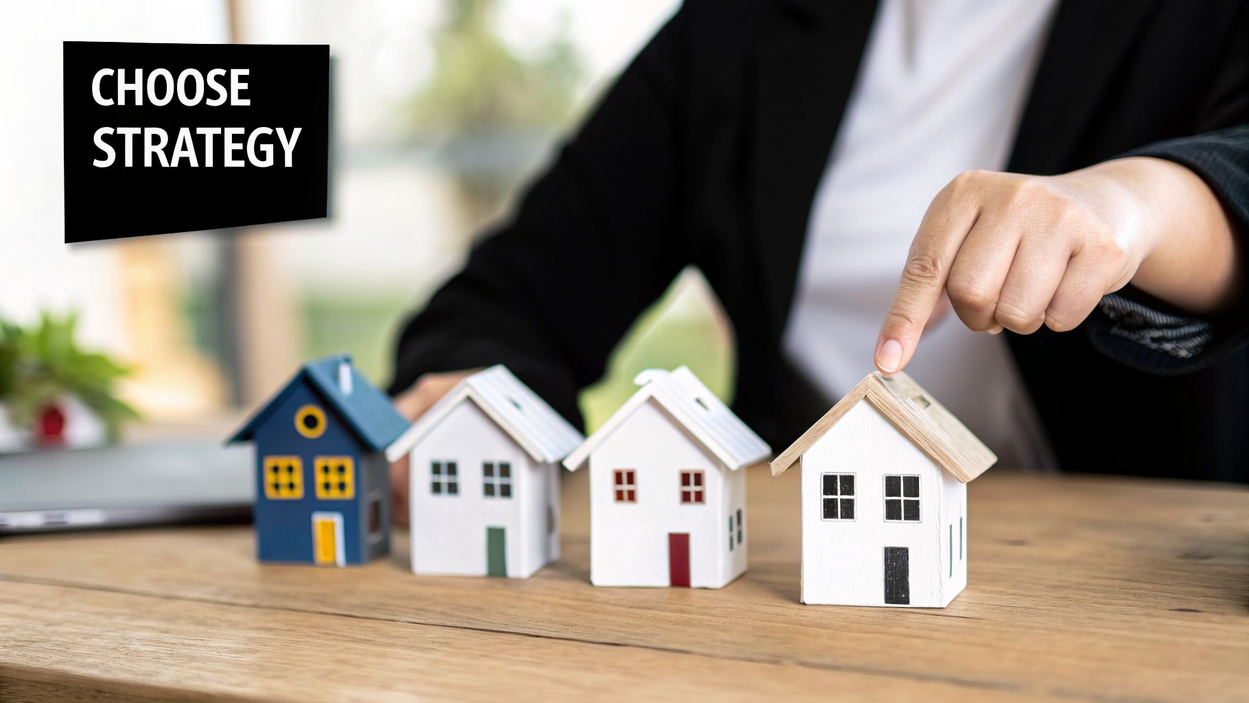 A person points at a miniature white house, symbolizing choosing a property investment strategy.