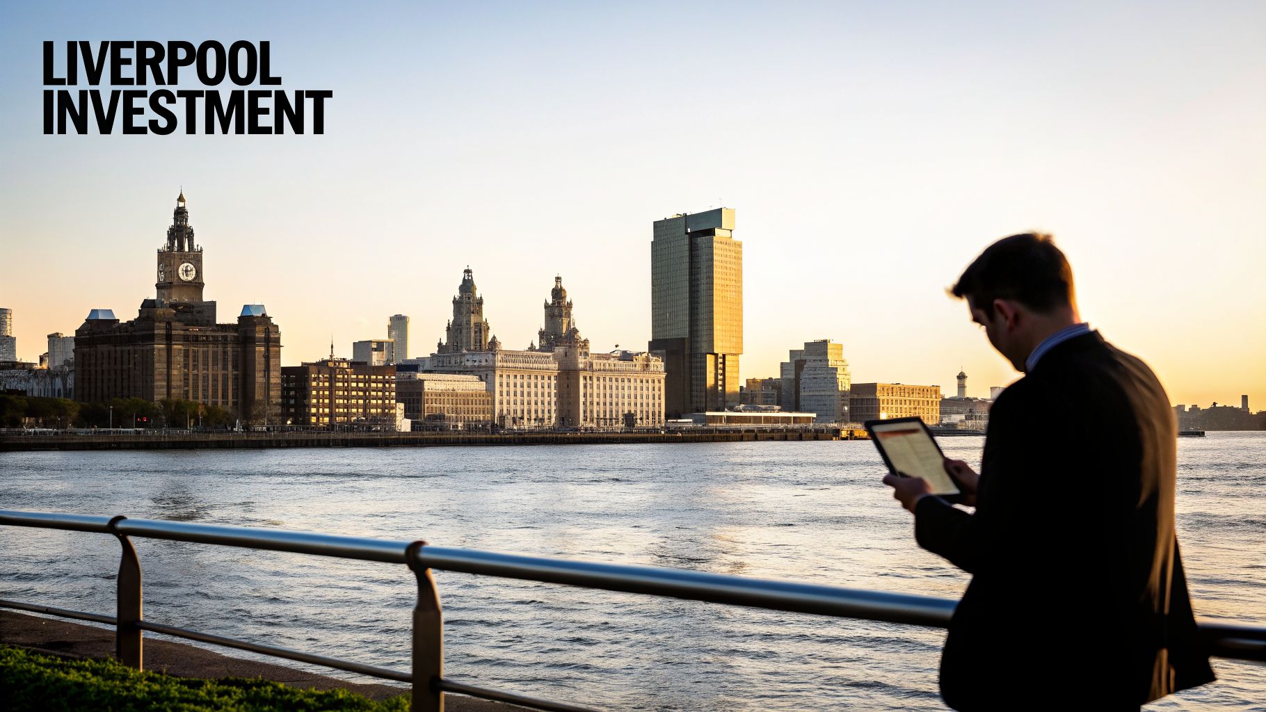 Businessman looking at a tablet with the iconic Liverpool skyline and River Mersey at sunset.