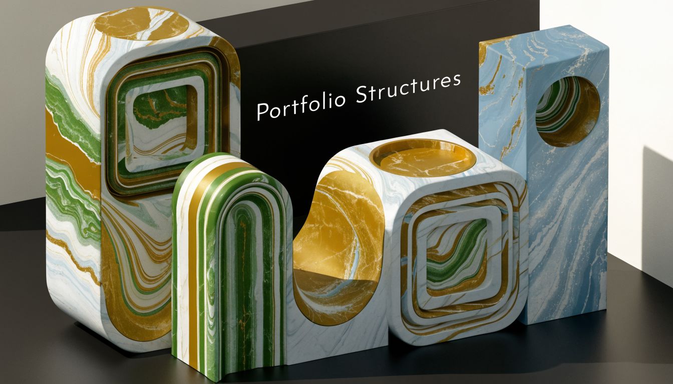 A collection of marble-textured abstract sculptural forms in white, green, gold, and blue on a black surface.