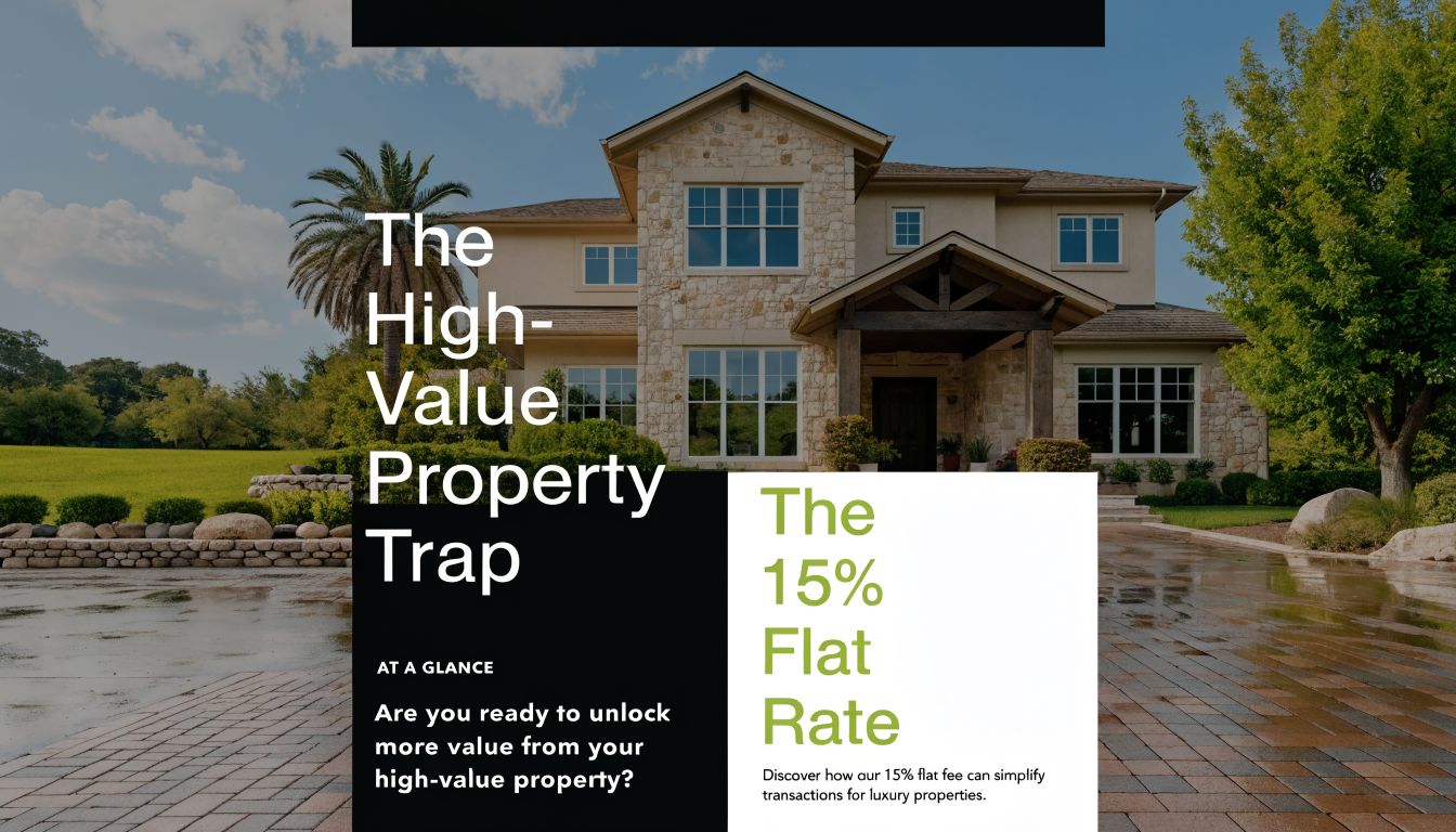 A luxury stone house with a driveway, promoting a 15% flat rate for high-value property transactions.