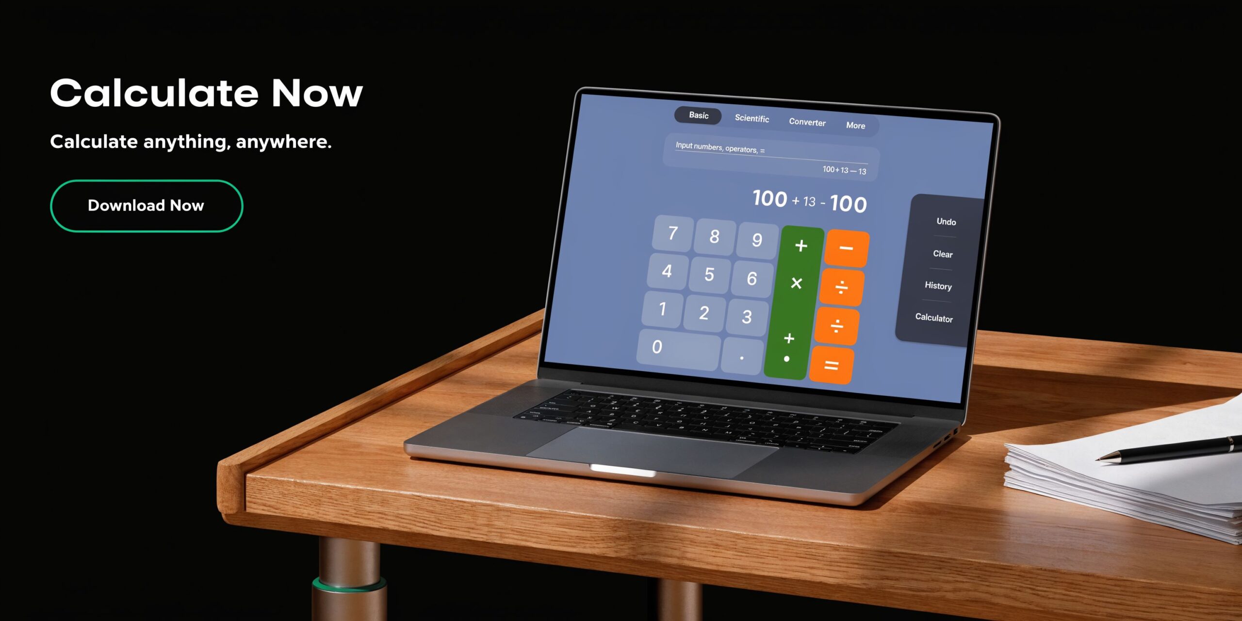 A modern laptop on a wooden desk displaying a digital calculator app interface with a dark background.