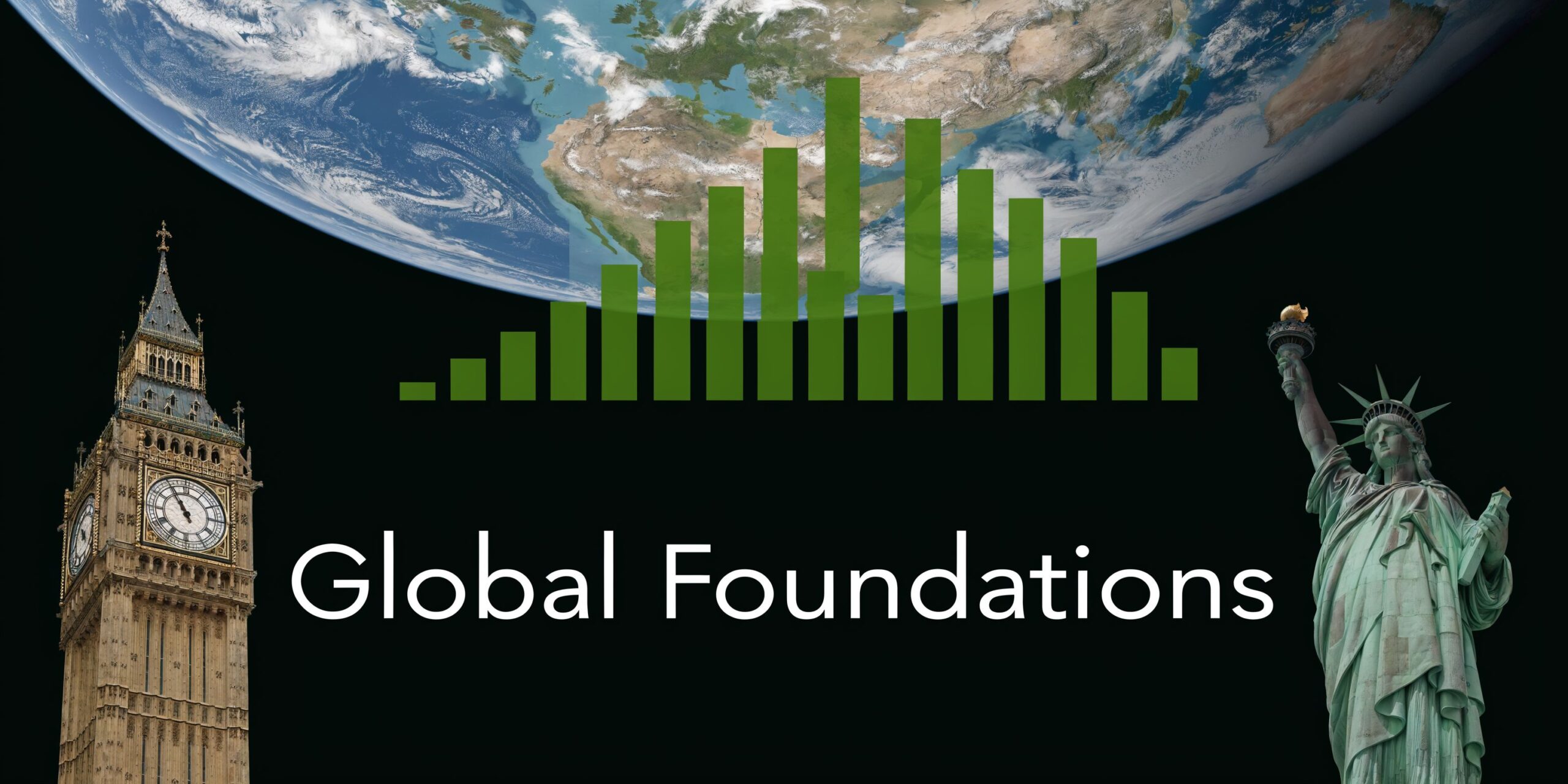 A graphic depicting global connections featuring Big Ben, the Statue of Liberty, a bar chart, and Earth.