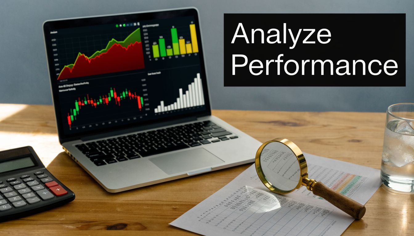 A professional desk workspace featuring a laptop displaying stock market charts, a calculator, and a magnifying glass.