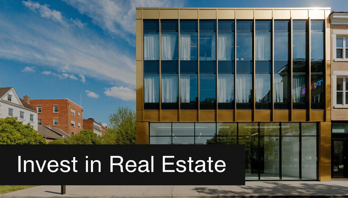A modern building with a golden facade next to traditional brick houses under a blue sky.