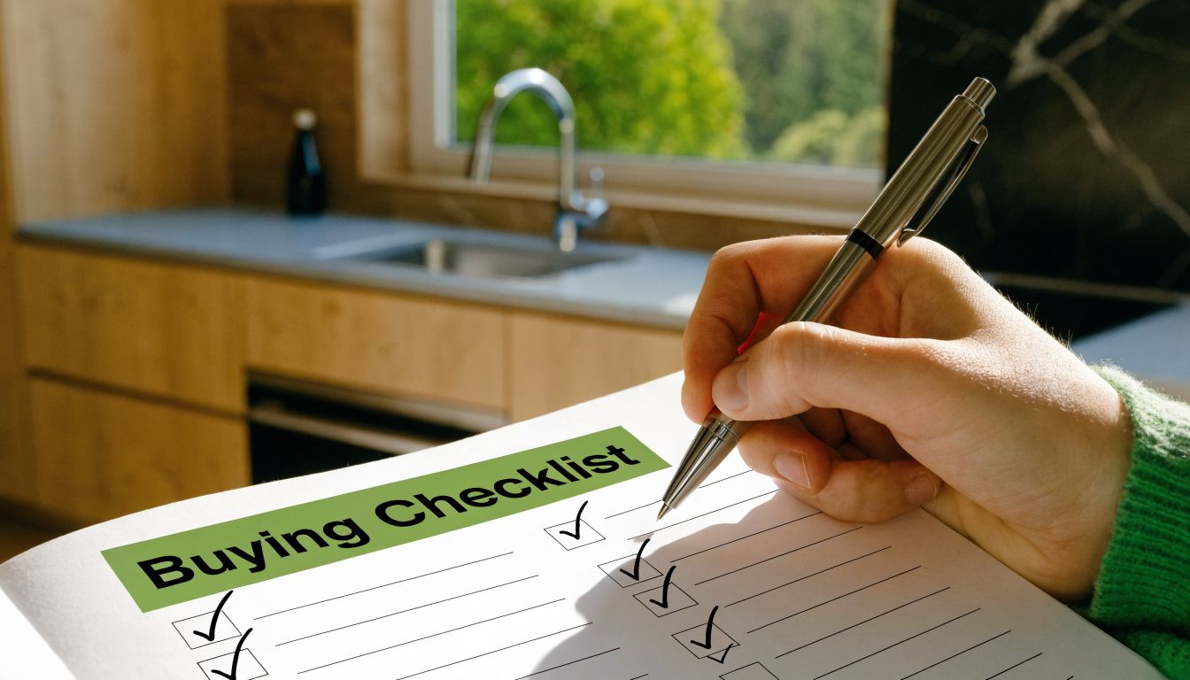 A close-up view of a person using a pen to check items on a buying checklist.