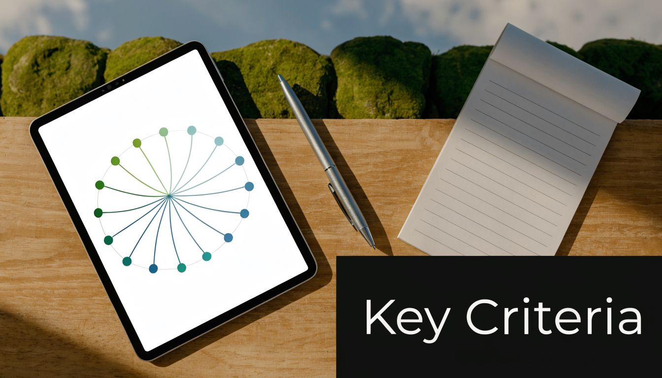 A digital tablet displaying a circular chart next to a notebook and pen on a wooden table.