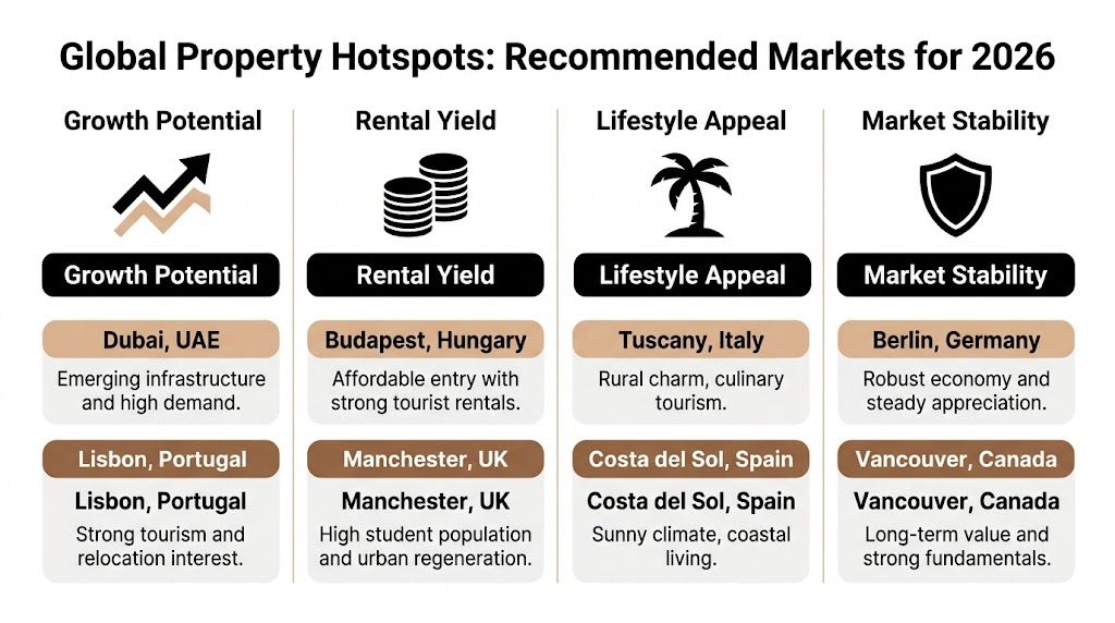 A chart highlighting global property investment hotspots for 2026 across four key categories with recommended cities.