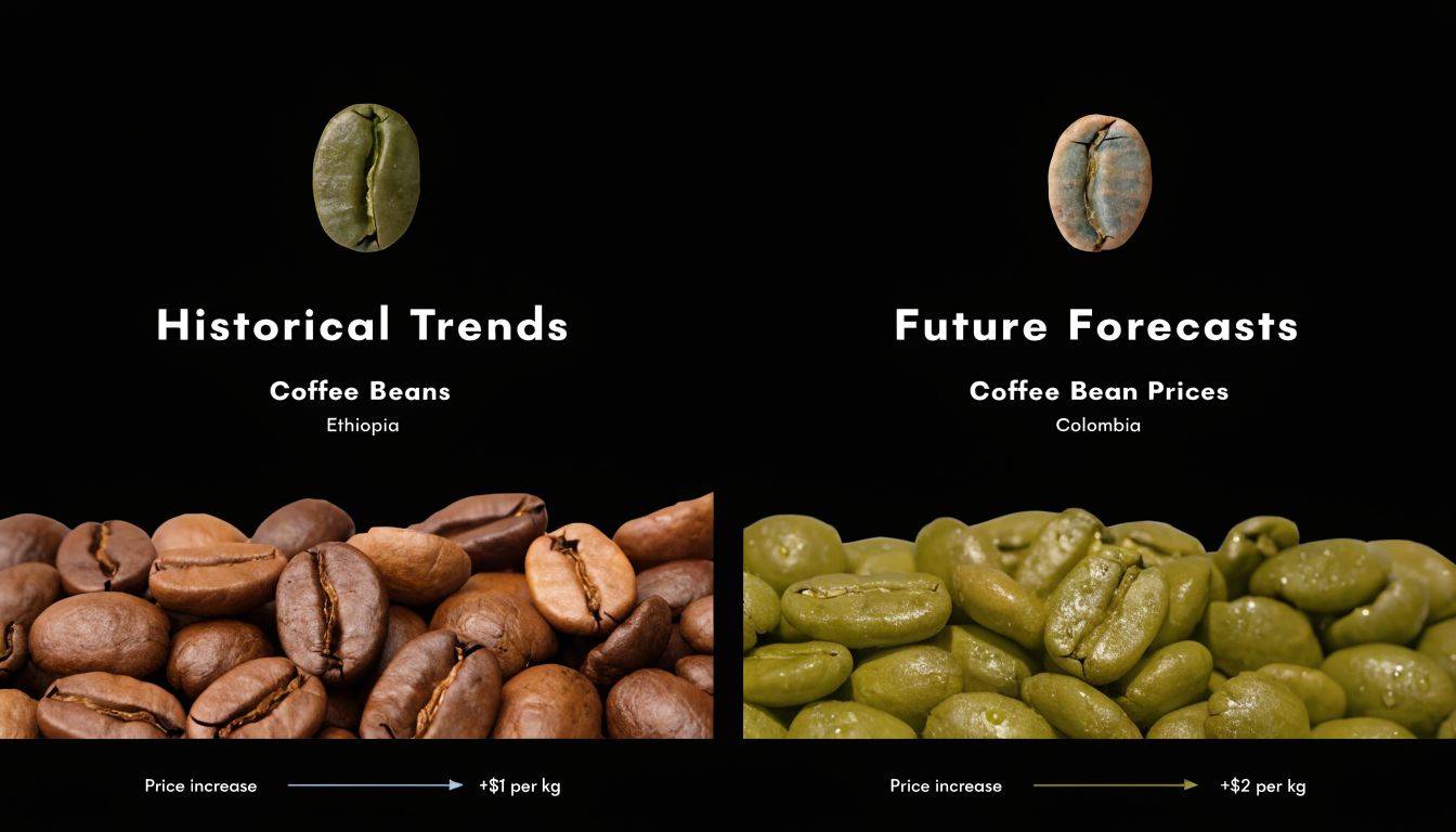 A split image comparing coffee bean price trends in Ethiopia and forecasted price increases in Colombia.