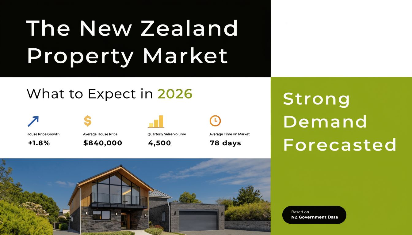 An infographic showing 2026 property market forecasts for New Zealand including pricing and sales volume statistics.