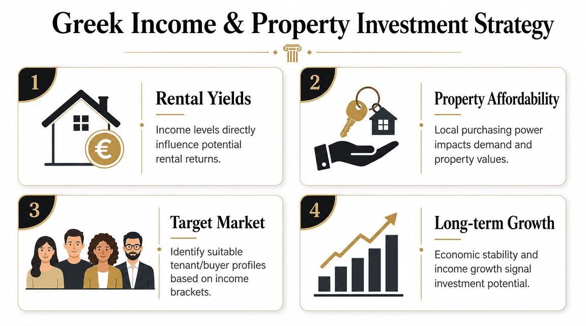 An infographic titled Greek Income and Property Investment Strategy outlining four key steps for property investors.