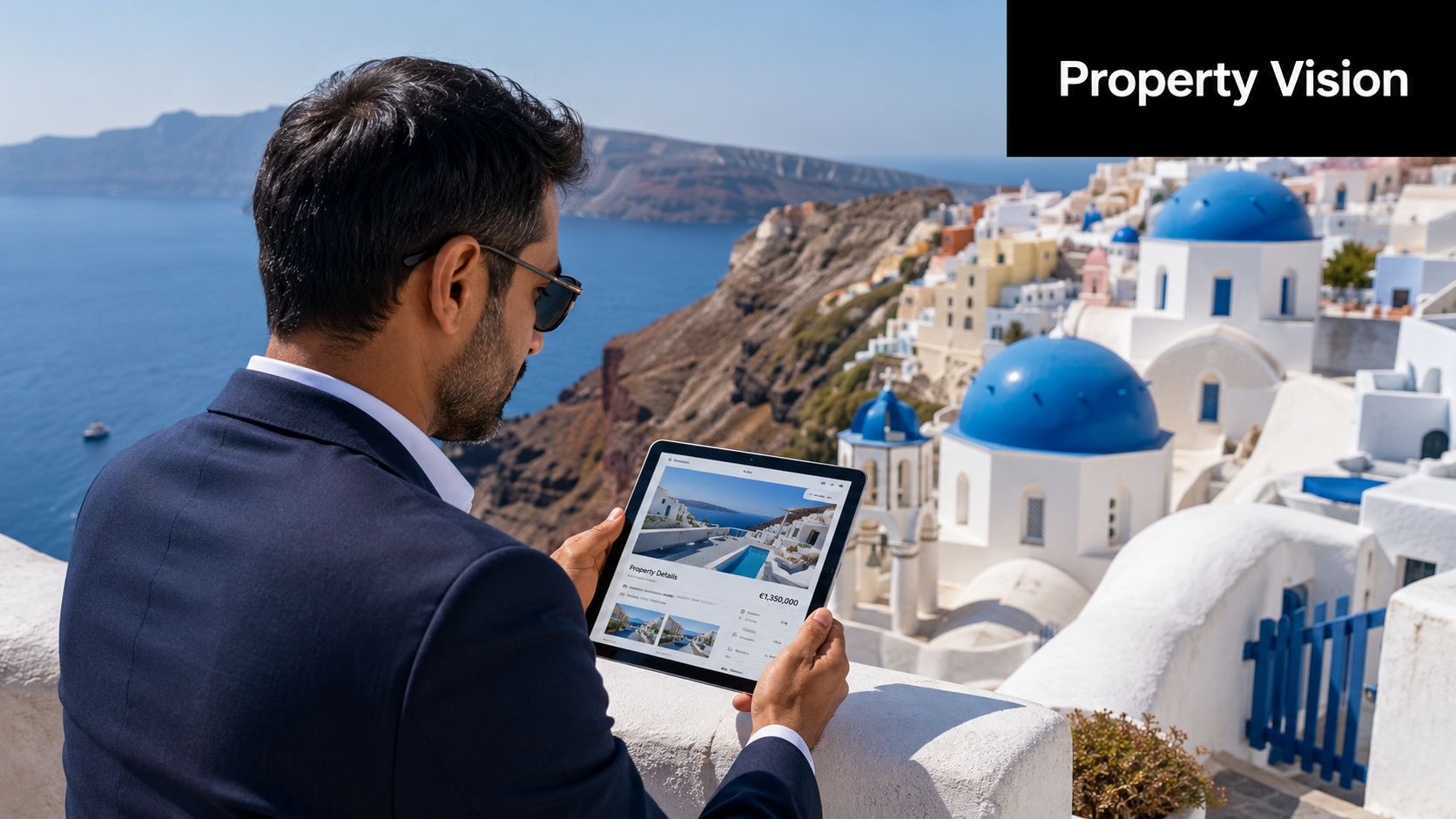 A man in a suit holding a tablet showing property details overlooking the scenic Santorini coastline