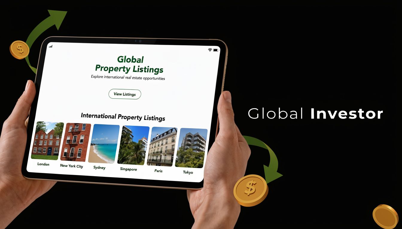 A person holding a tablet displaying a global real estate property listings website on a dark background.