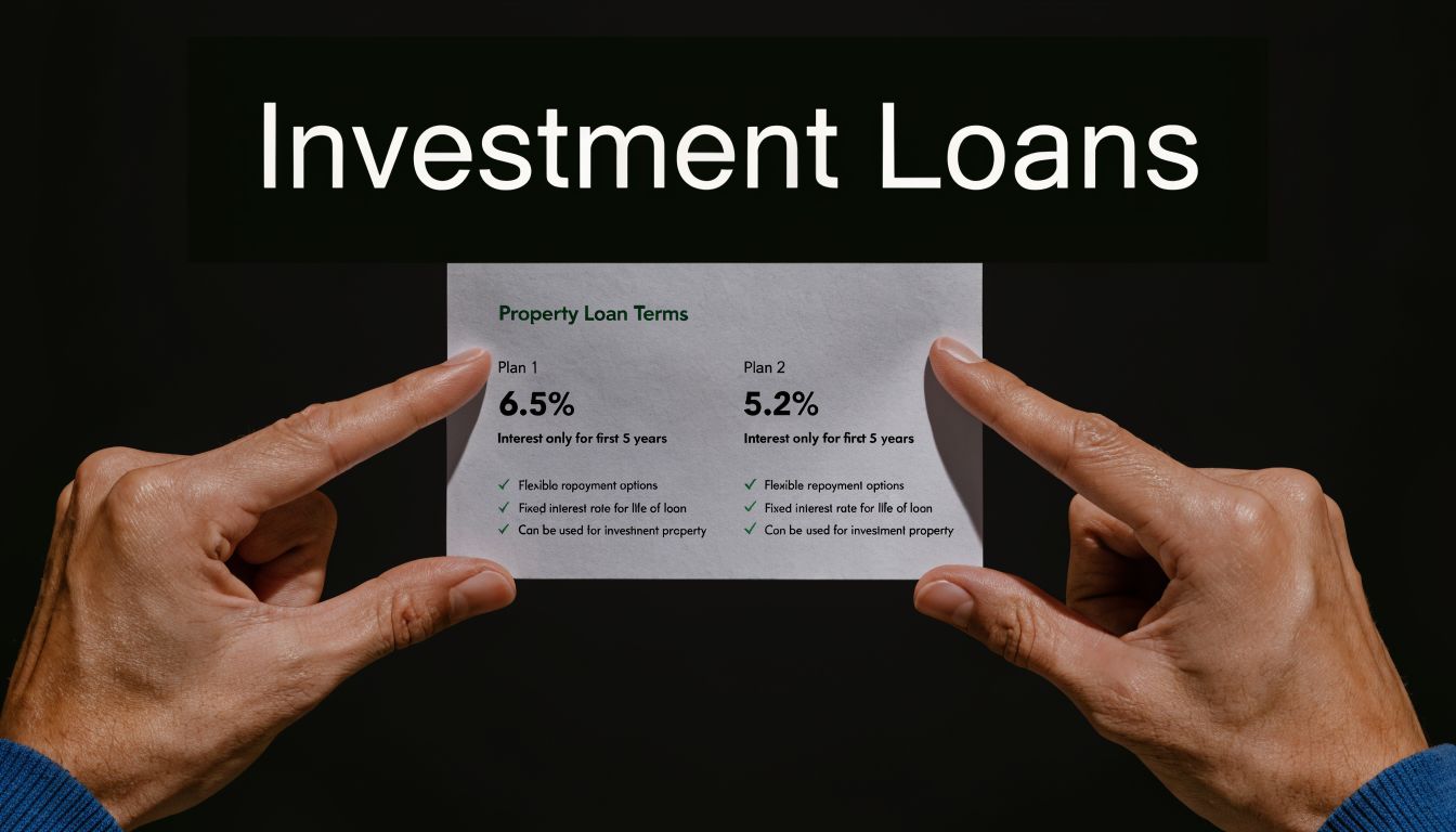 A person holding a card comparing two different investment property loan interest rate plans side by side.