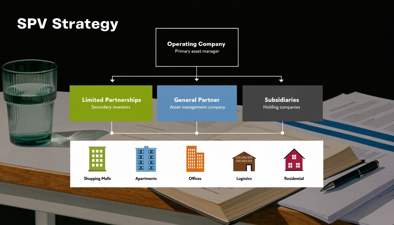 A diagram illustrating an SPV investment strategy structure with an operating company and various real estate assets.