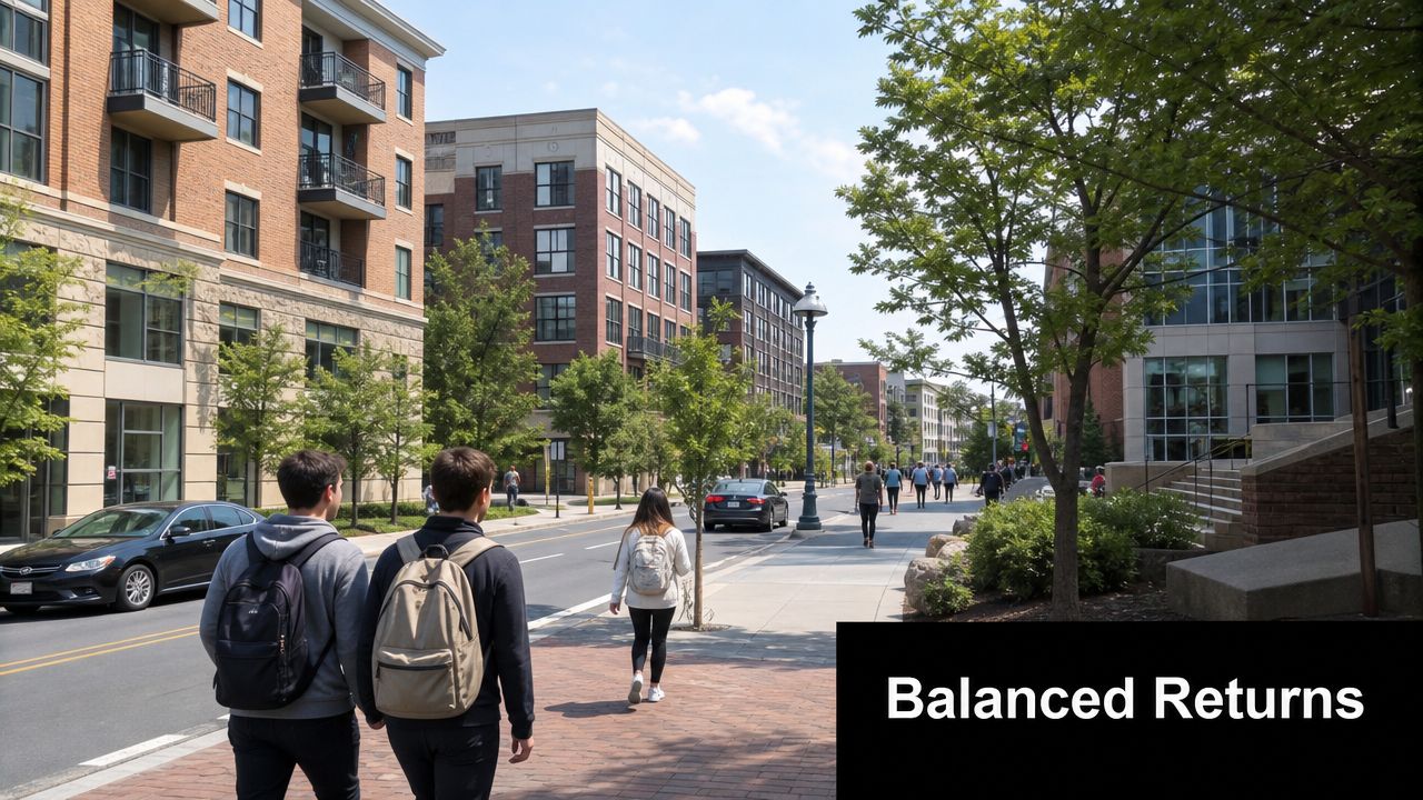 A group of students walking down a sunlit street lined with brick buildings and lush green trees.