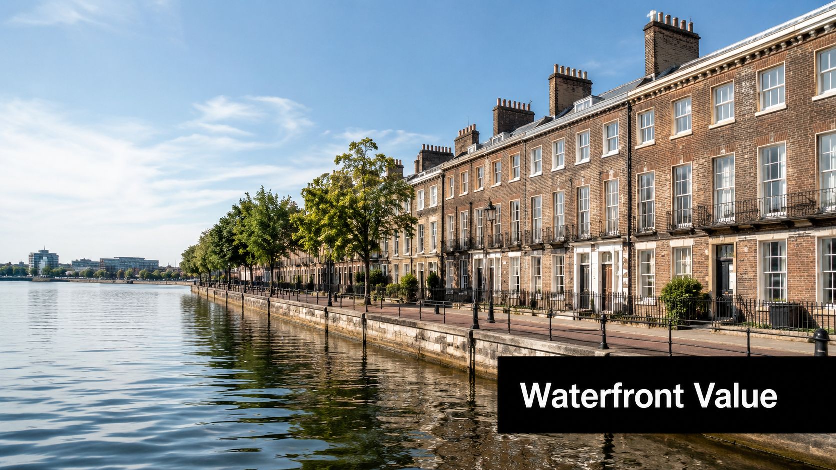 A scenic row of historic Georgian brick townhouses overlooking a calm river on a sunny day.