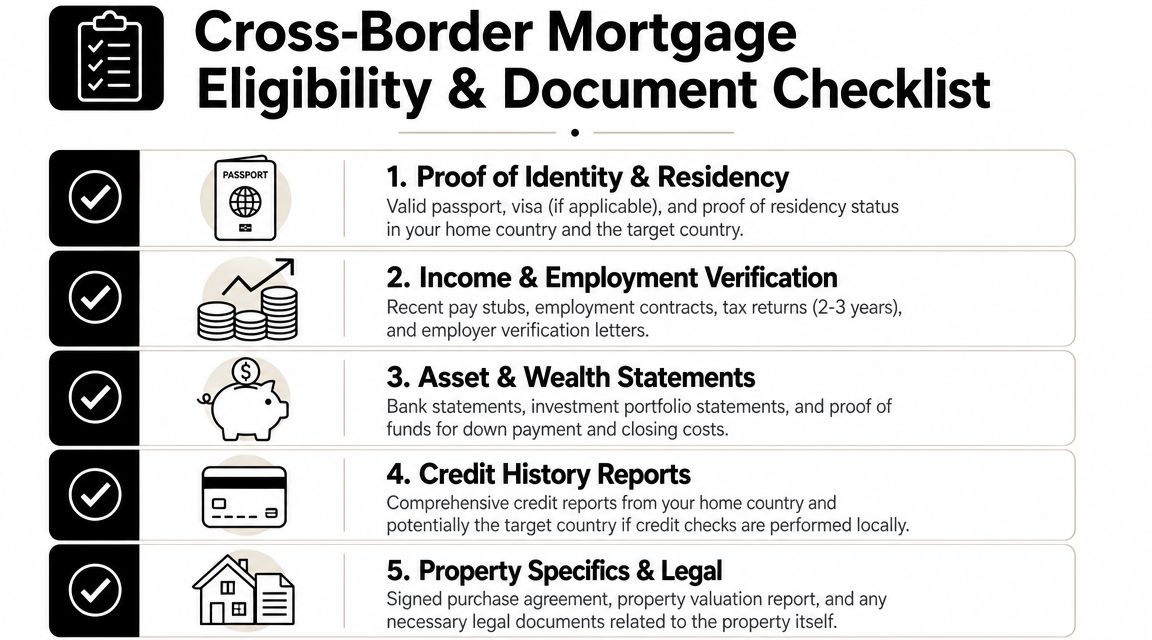 A checklist infographic outlining five essential documents needed for obtaining a cross-border mortgage loan.