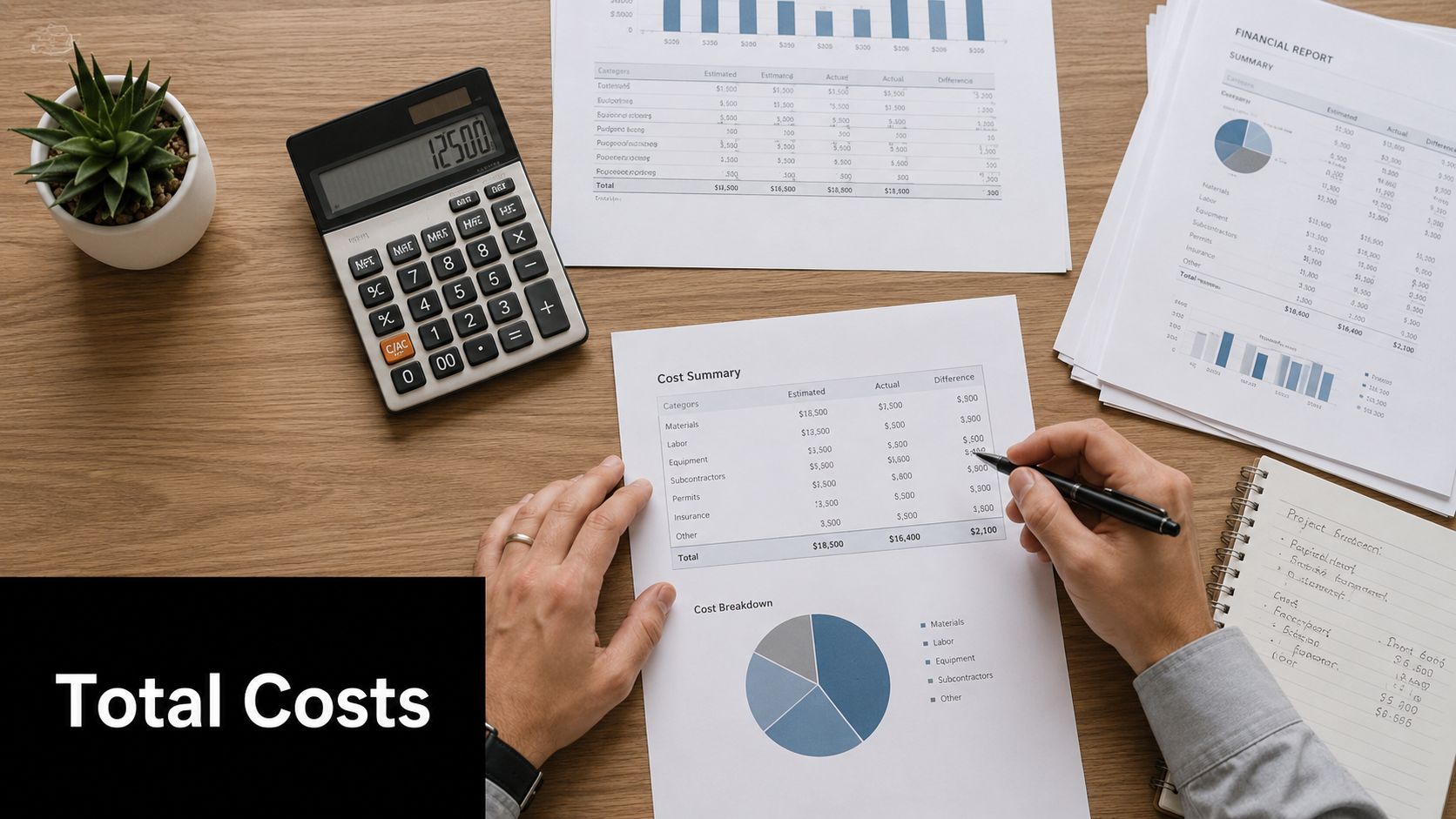A professional working on financial budget reports with a calculator and charts on a wooden desk.