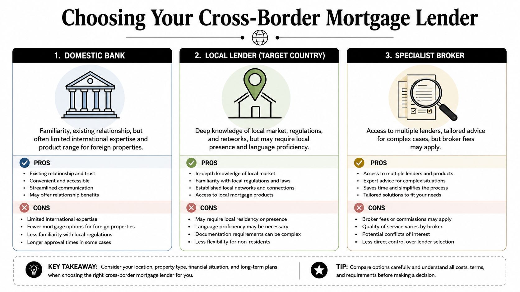 A comparison guide for choosing a cross-border mortgage lender between domestic banks, local lenders, and specialist brokers.