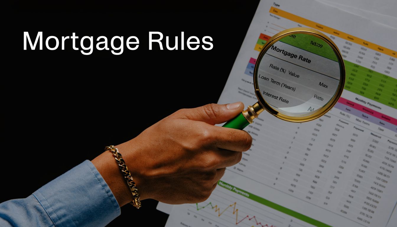 A magnifying glass focusing on mortgage rate and loan term details over financial documentation and data tables.
