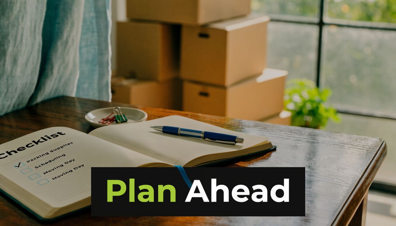 An open notebook with a checklist on a wooden table, featuring boxes in the blurred background.