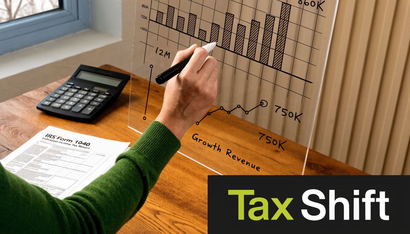 A person writing on a glass whiteboard with revenue charts while holding an IRS tax form.