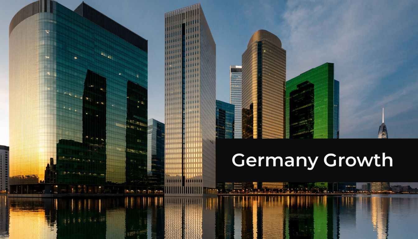 A modern skyline of glass skyscrapers reflecting over a calm body of water at sunset.