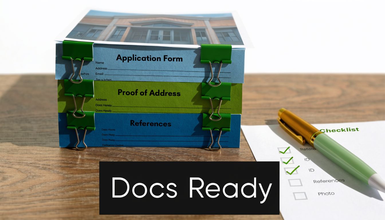 A stack of organized documents with a checklist and pen, representing preparation for an official application process.