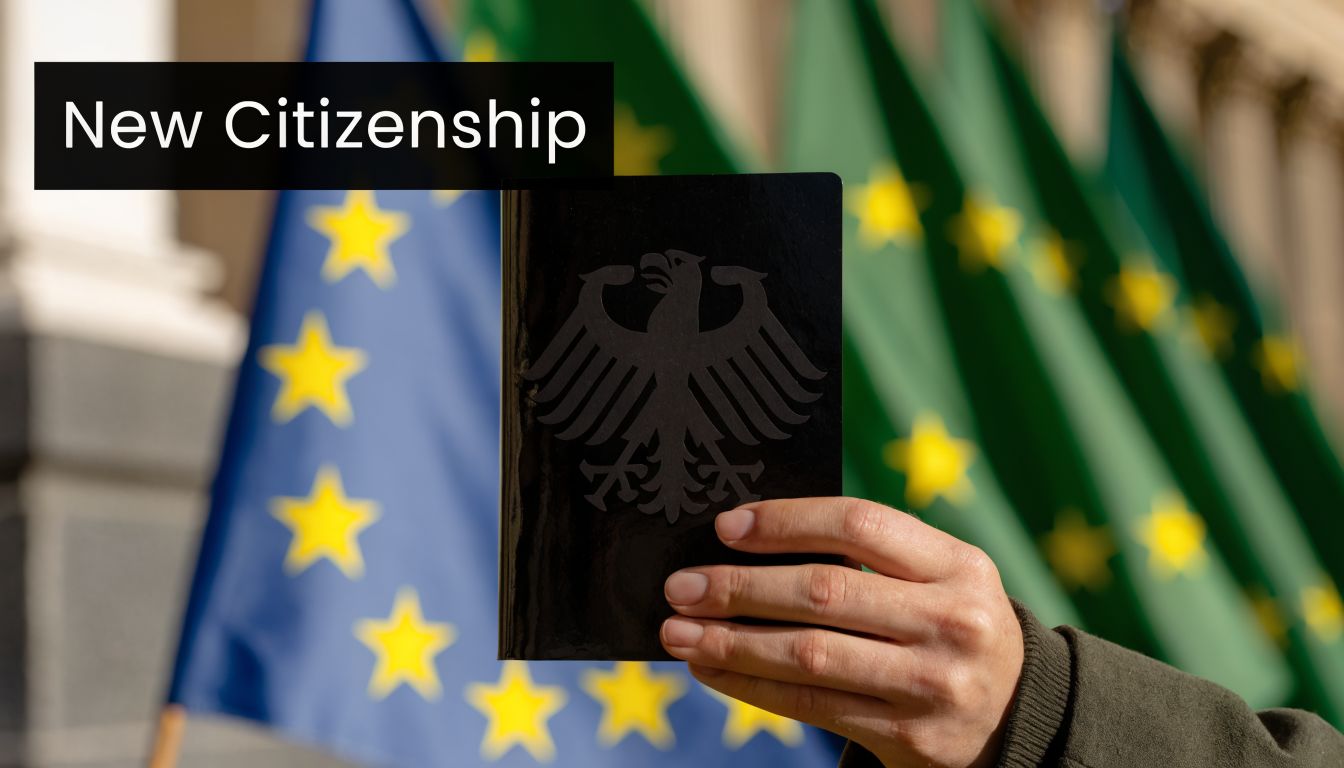 A person holds up a German passport against a backdrop of European Union flags.