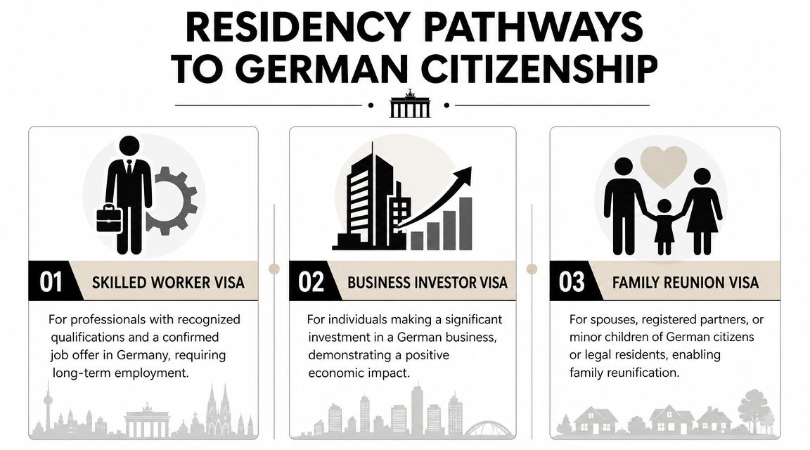An infographic showing three pathways for obtaining residency in Germany: skilled worker, business investor, and family reunion.