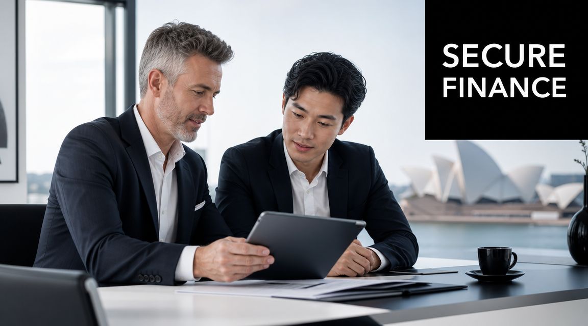 Two professional men in suits discussing foreign property investment in Australia while looking at a tablet.