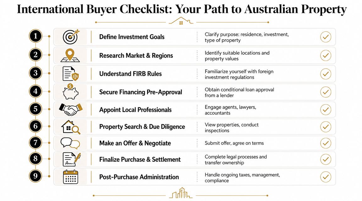 A nine-step infographic titled International Buyer Checklist outlining the essential process for purchasing property in Australia.