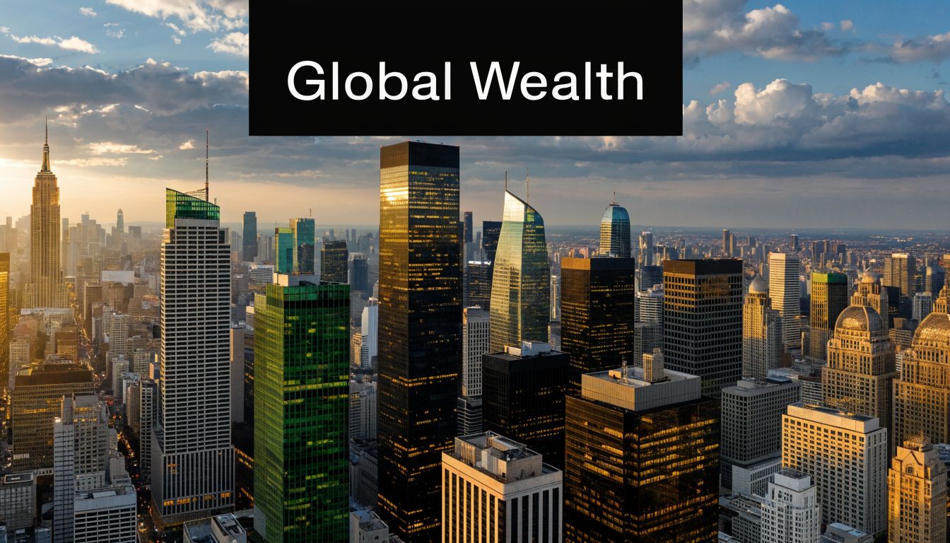 A scenic view of a modern cityscape skyline during sunset, illustrating the concept of global wealth.
