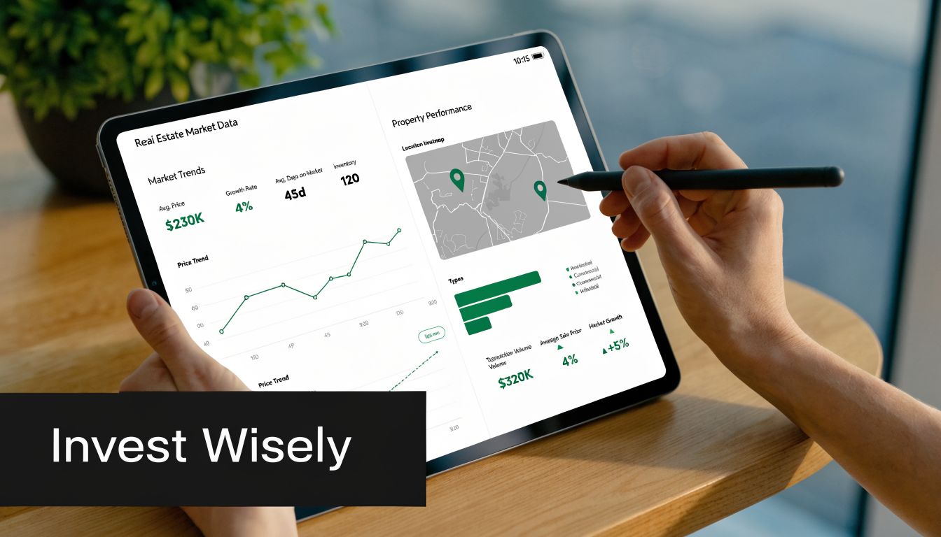 A person using a stylus on a tablet displaying a real estate market data analytics dashboard.
