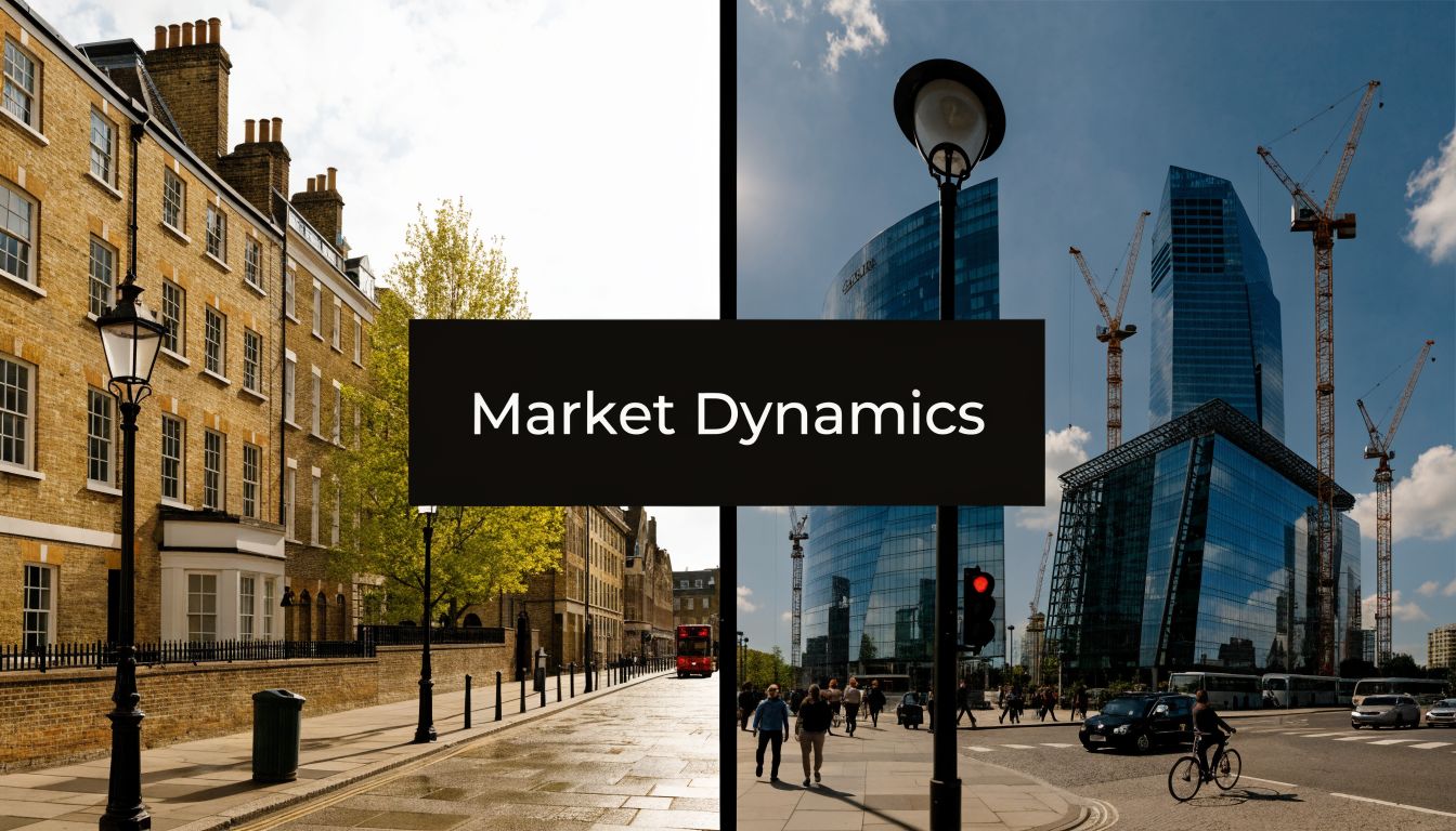 A split screen image showing traditional brick architecture on the left and modern glass skyscrapers on the right.