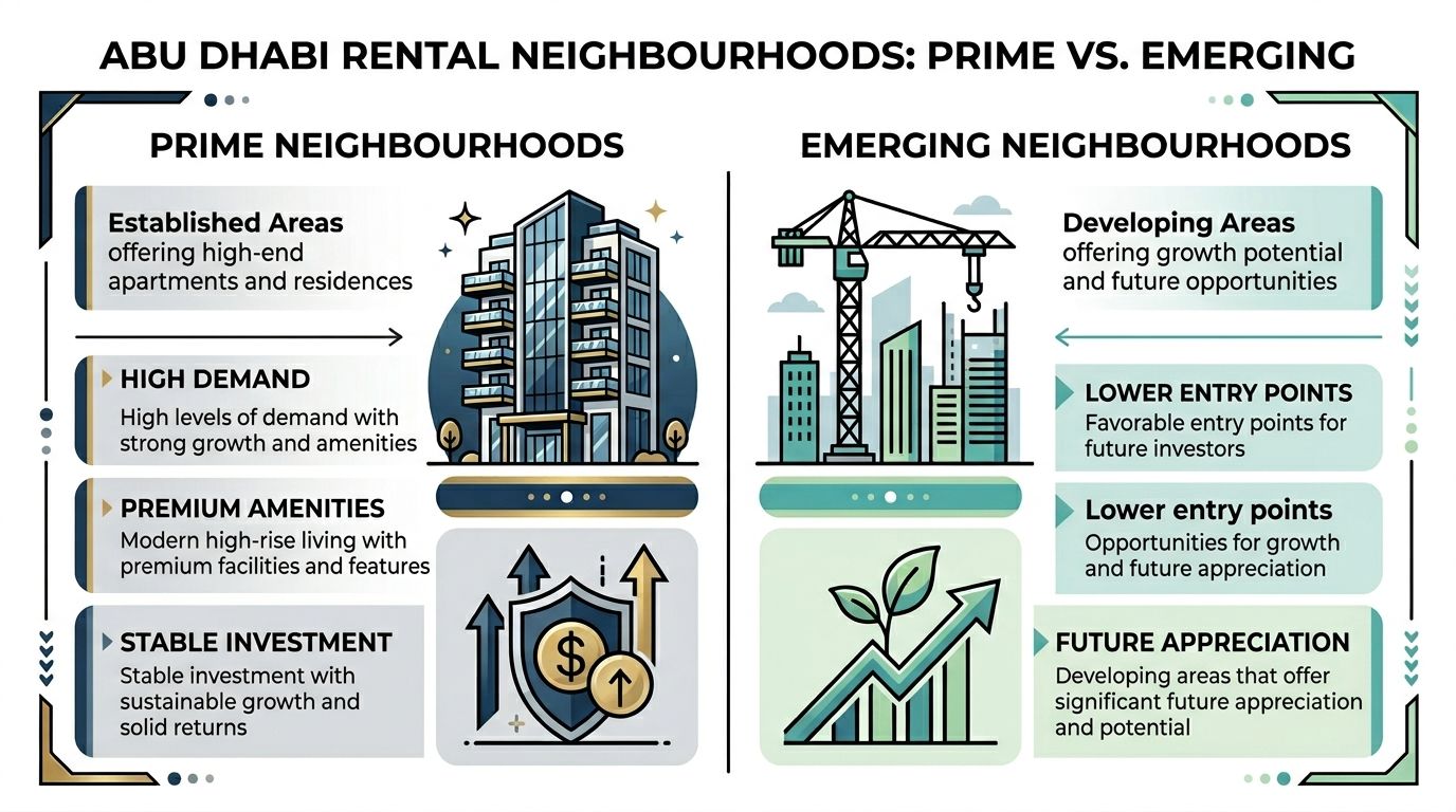 A comparison infographic between prime and emerging rental neighborhoods in Abu Dhabi, highlighting investment characteristics.