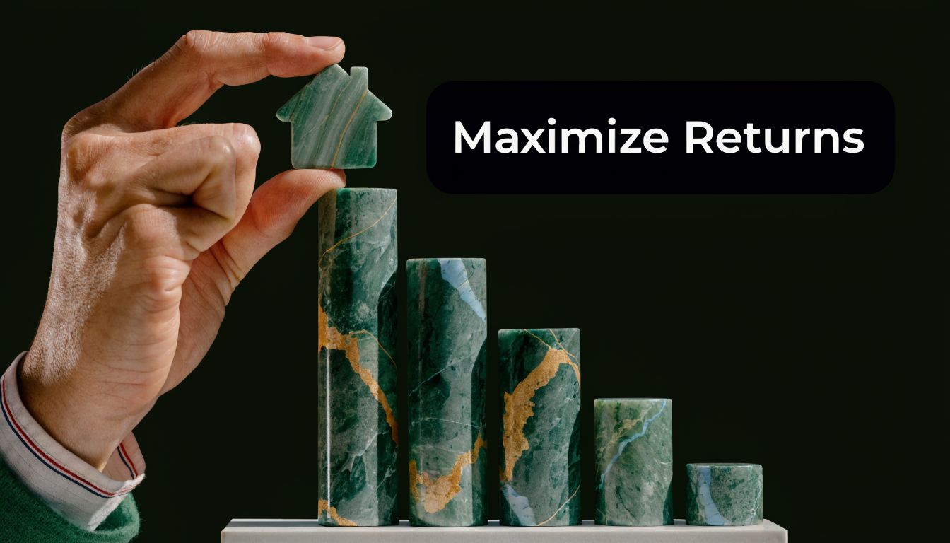 A hand placing a marble house icon on a bar chart representing real estate investment returns.