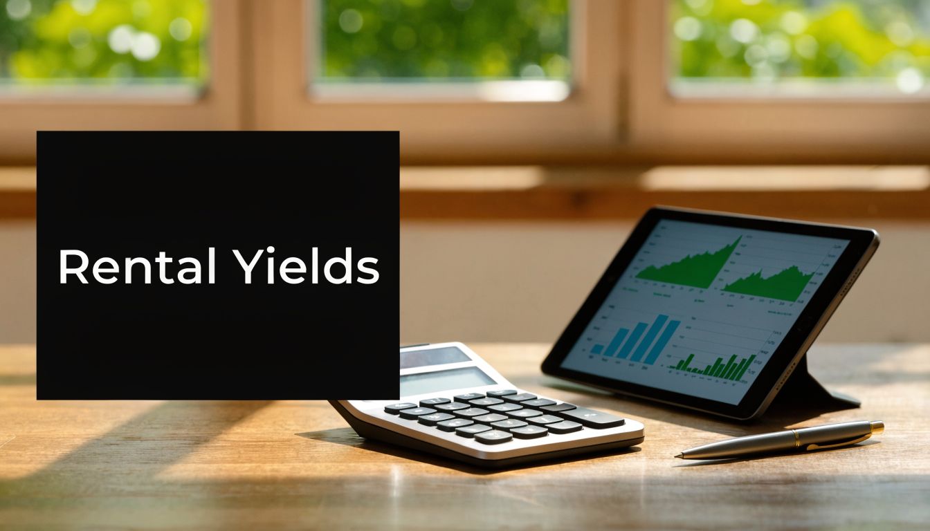 A tablet showing financial charts next to a calculator and pen on a desk for rental yields.