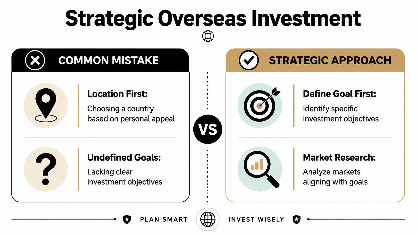 A comparison chart showing common mistakes versus strategic approaches for planning successful overseas property investments.