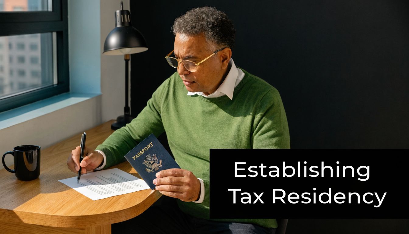 A man in a green sweater sits at a desk, reviewing documents while holding his passport.