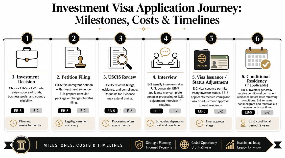 A six-step infographic detailing the investment visa application journey, including milestones, costs, and processing timelines.
