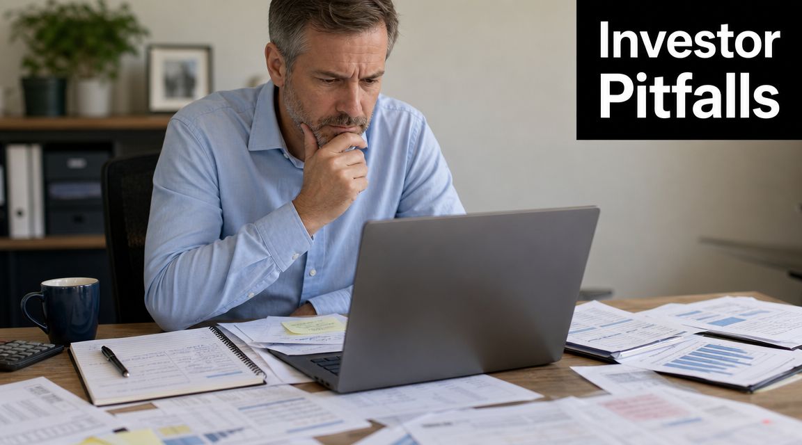A concerned investor looks at his laptop while reviewing financial documents and charts at his desk.