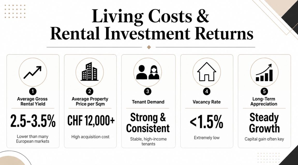 An infographic showing real estate investment statistics including rental yields, property prices, and tenant demand in Switzerland.