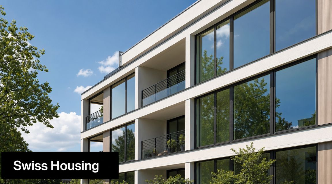 A modern white apartment building in Switzerland featuring large glass windows and minimalist balconies with greenery.