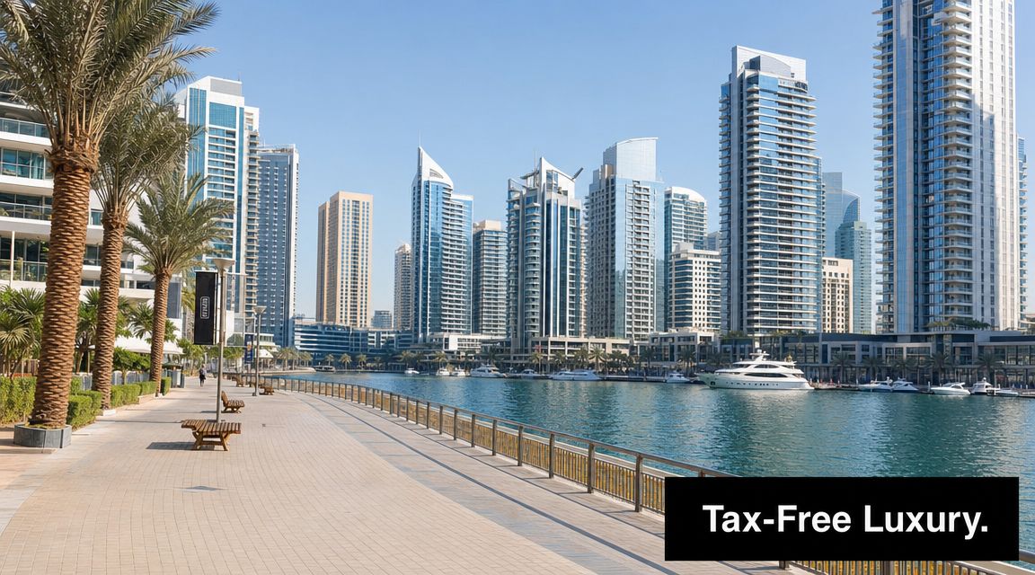 A modern waterfront promenade in Dubai Marina featuring skyscrapers and luxury yachts on a bright day.