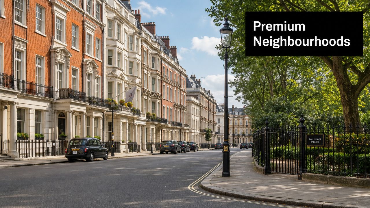 A scenic street lined with historic brick architecture and a black taxi in a luxury London neighborhood.