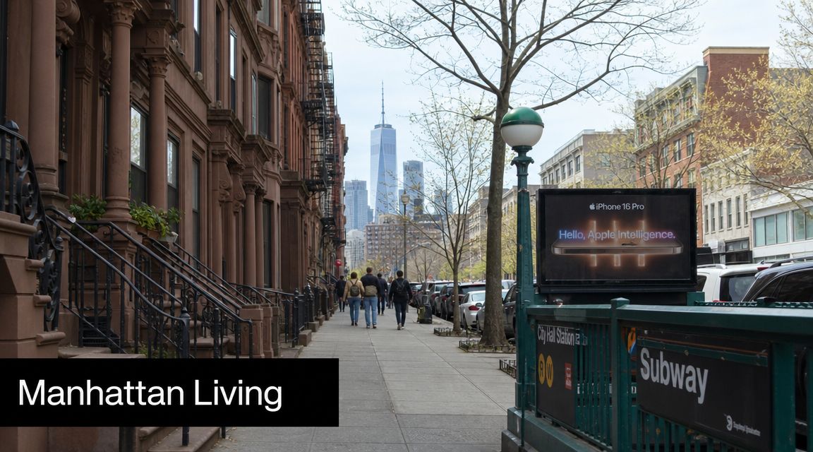 A scenic view of a New York City sidewalk with brownstone buildings, people walking, and a subway entrance.