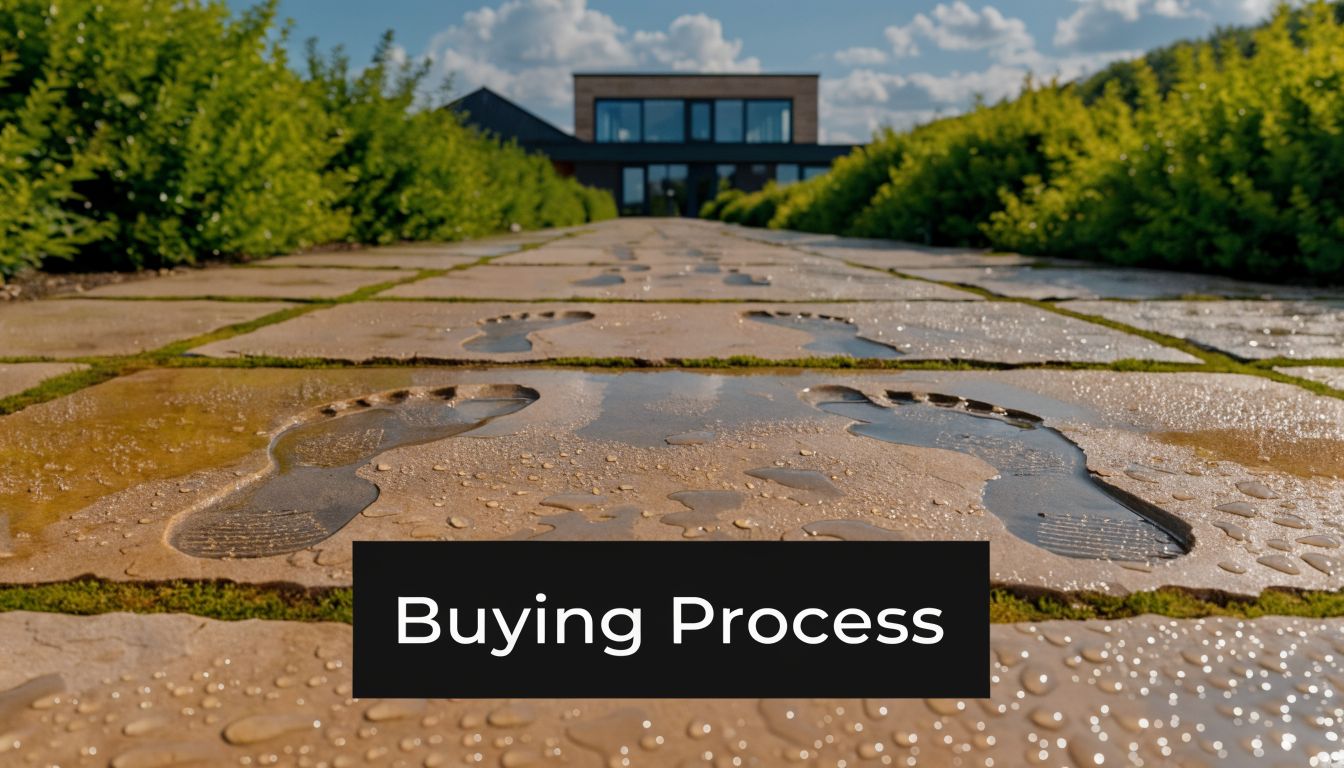 A stone walkway leading towards a modern house, featuring water-filled footprints representing the home buying process.
